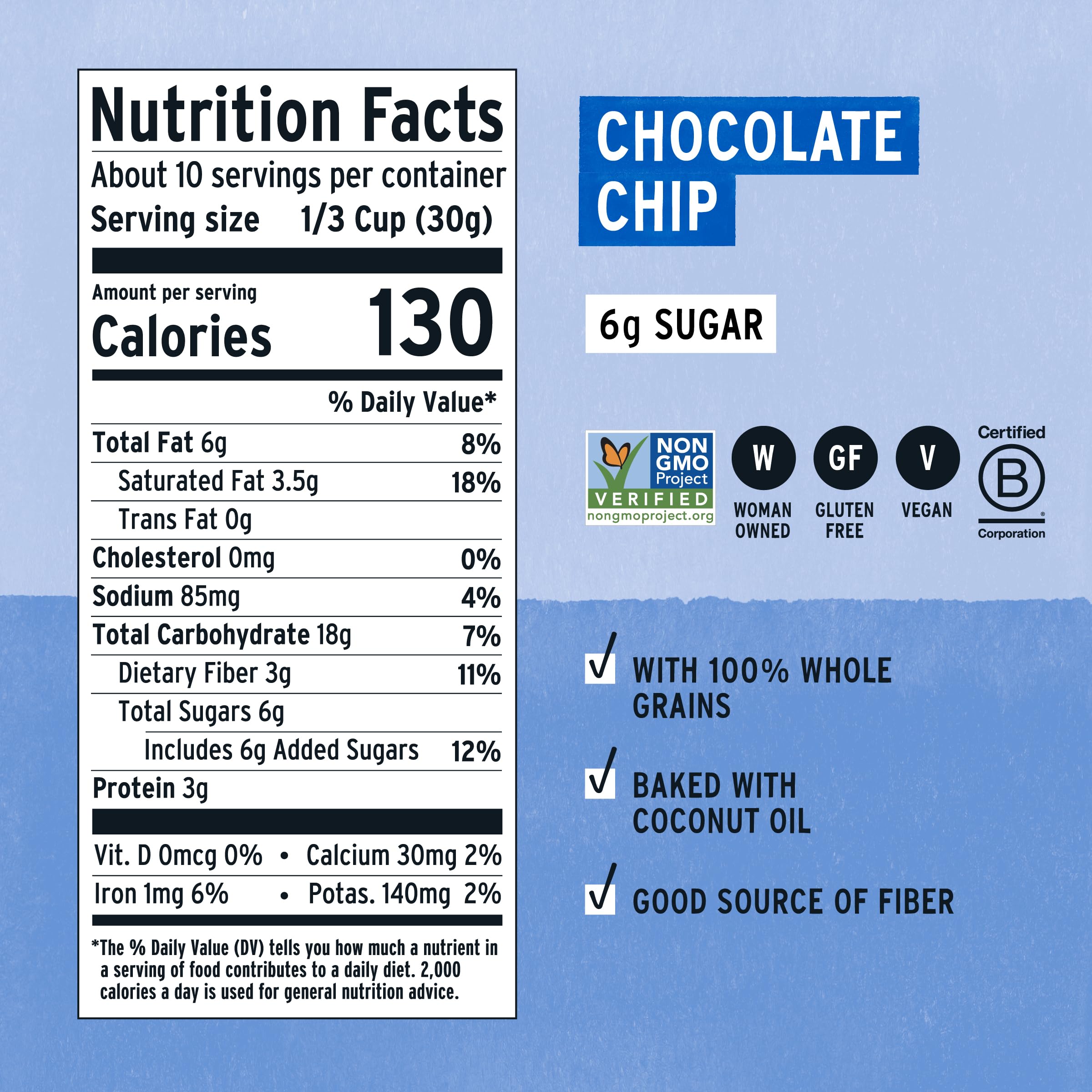 Purely Elizabeth Cookie Granola Chocolate Chip bag closeup, rich flavor from oats and dark chocolate chunks.
