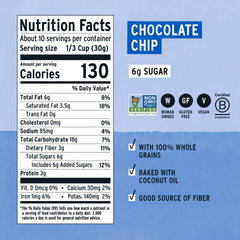 Purely Elizabeth Cookie Granola Chocolate Chip bag closeup, rich flavor from oats and dark chocolate chunks.