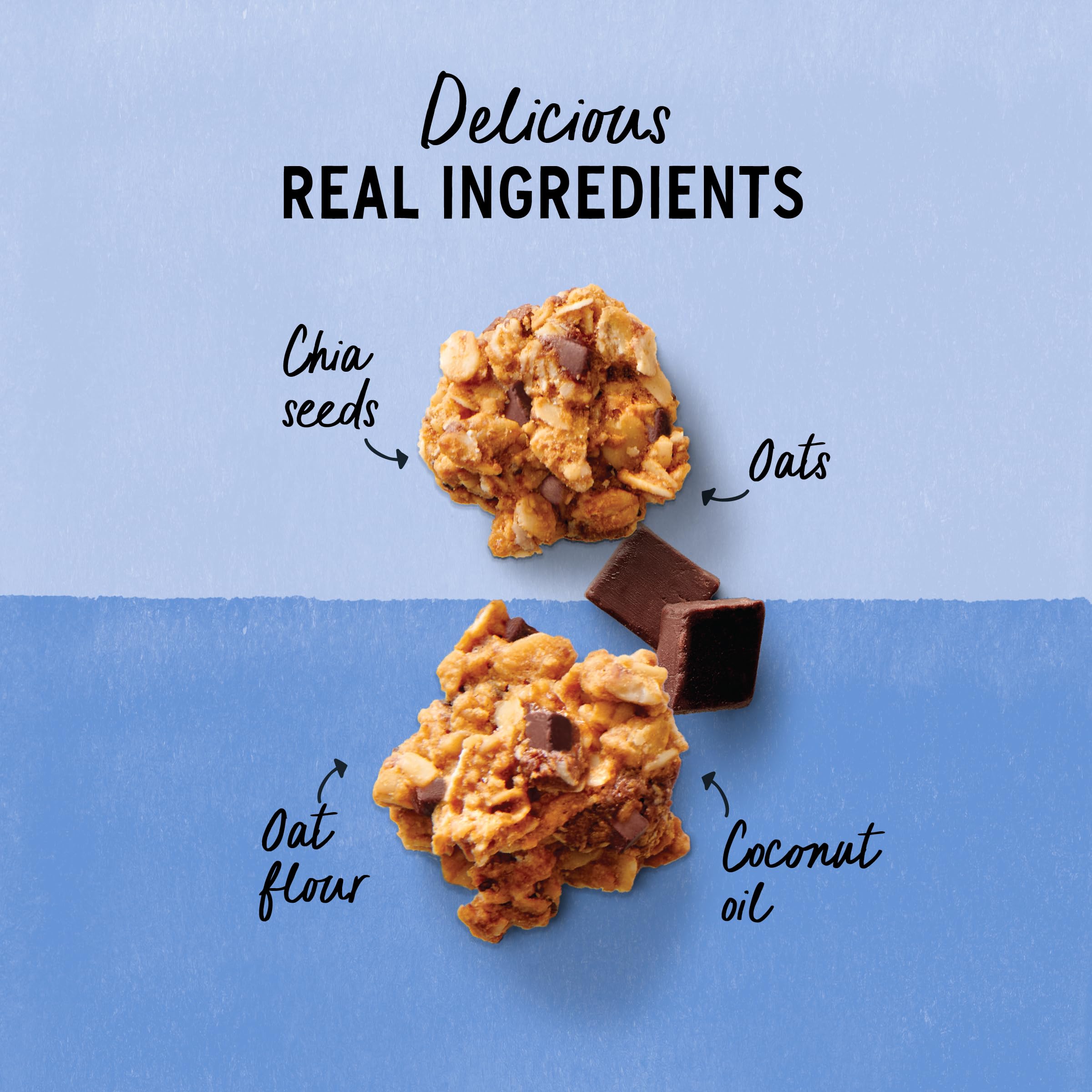 Purely Elizabeth Cookie Granola Chocolate Chip ingredients: oats, almond butter, coconut sugar, for wholesome crunch.