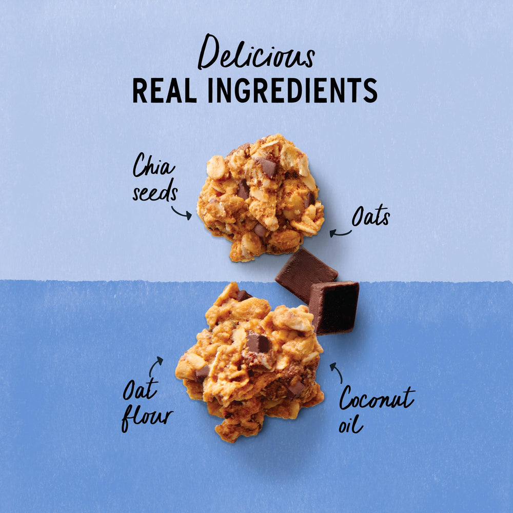 Purely Elizabeth Cookie Granola Chocolate Chip ingredients: oats, almond butter, coconut sugar, for wholesome crunch.