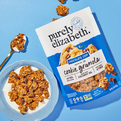 Purely Elizabeth Cookie Granola Chocolate Chip serving bowl displays crunchy texture and cookie-like goodness.