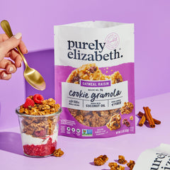 Purely Elizabeth cookie granola packaging bag emphasizes organic oats and gluten-free credentials.