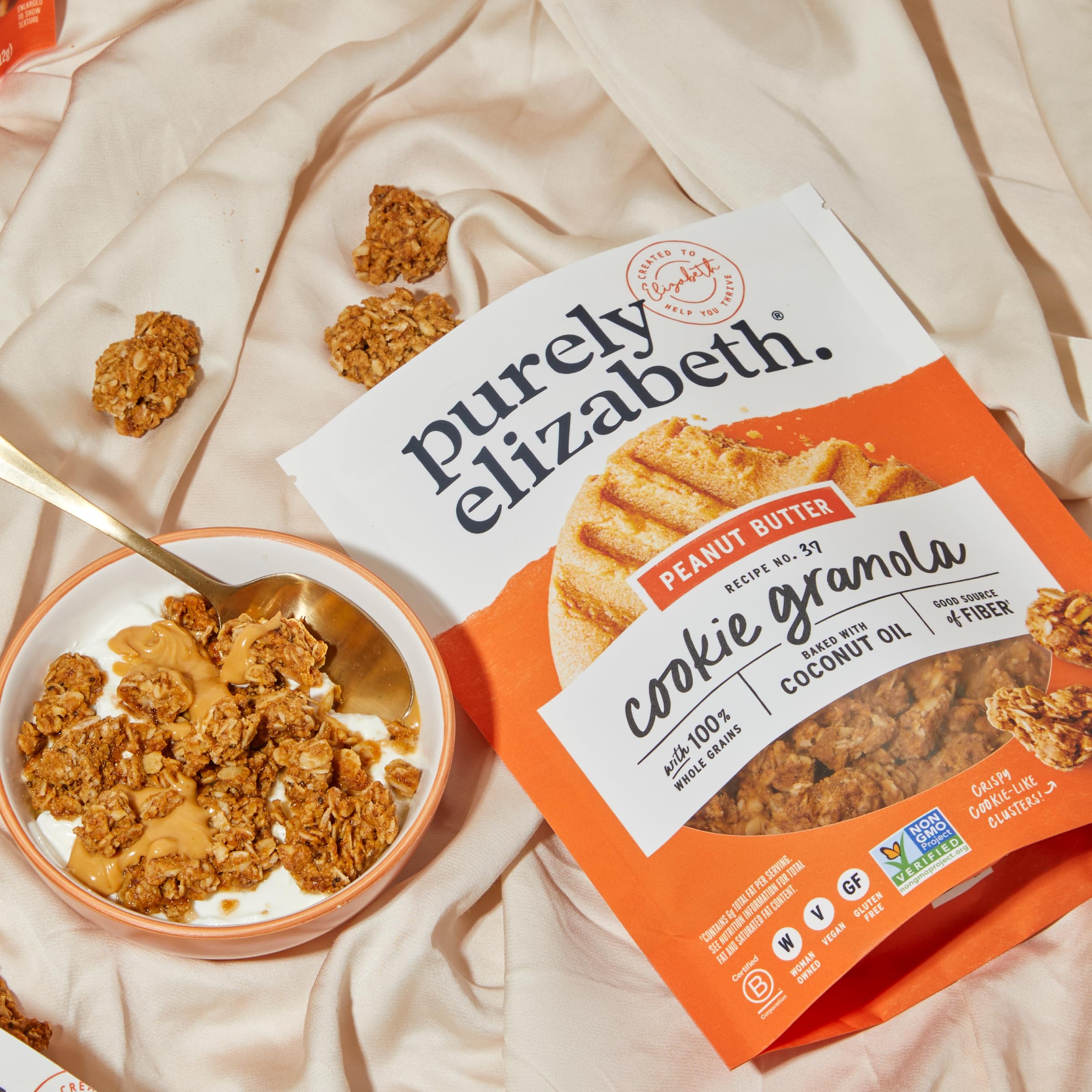 Purely Elizabeth Cookie Granola Peanut Butter is certified Gluten Free and Non-GMO Project Verified.