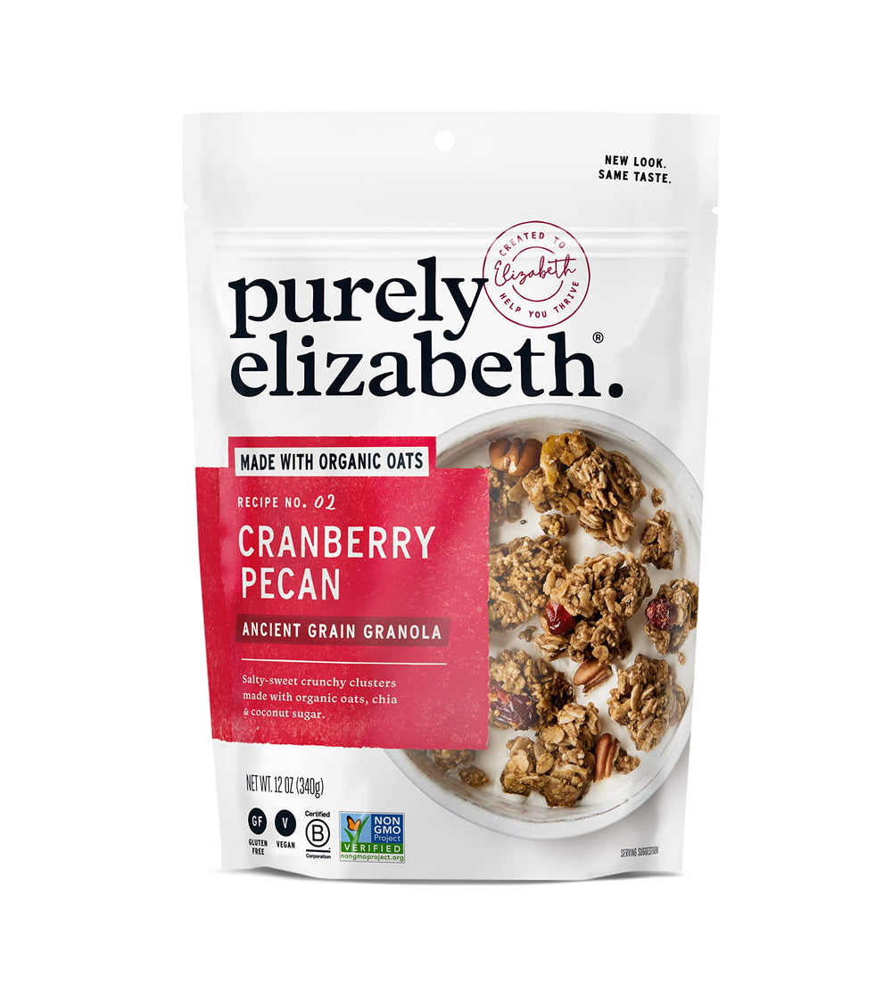 Purely Elizabeth Cranberry Pecan Granola bag, convenient breakfast on the go.