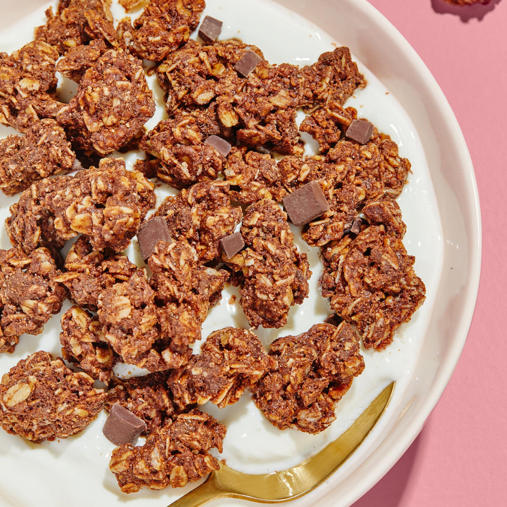Pouring bowl reveals dark chocolate chunks in Purely Elizabeth granola.