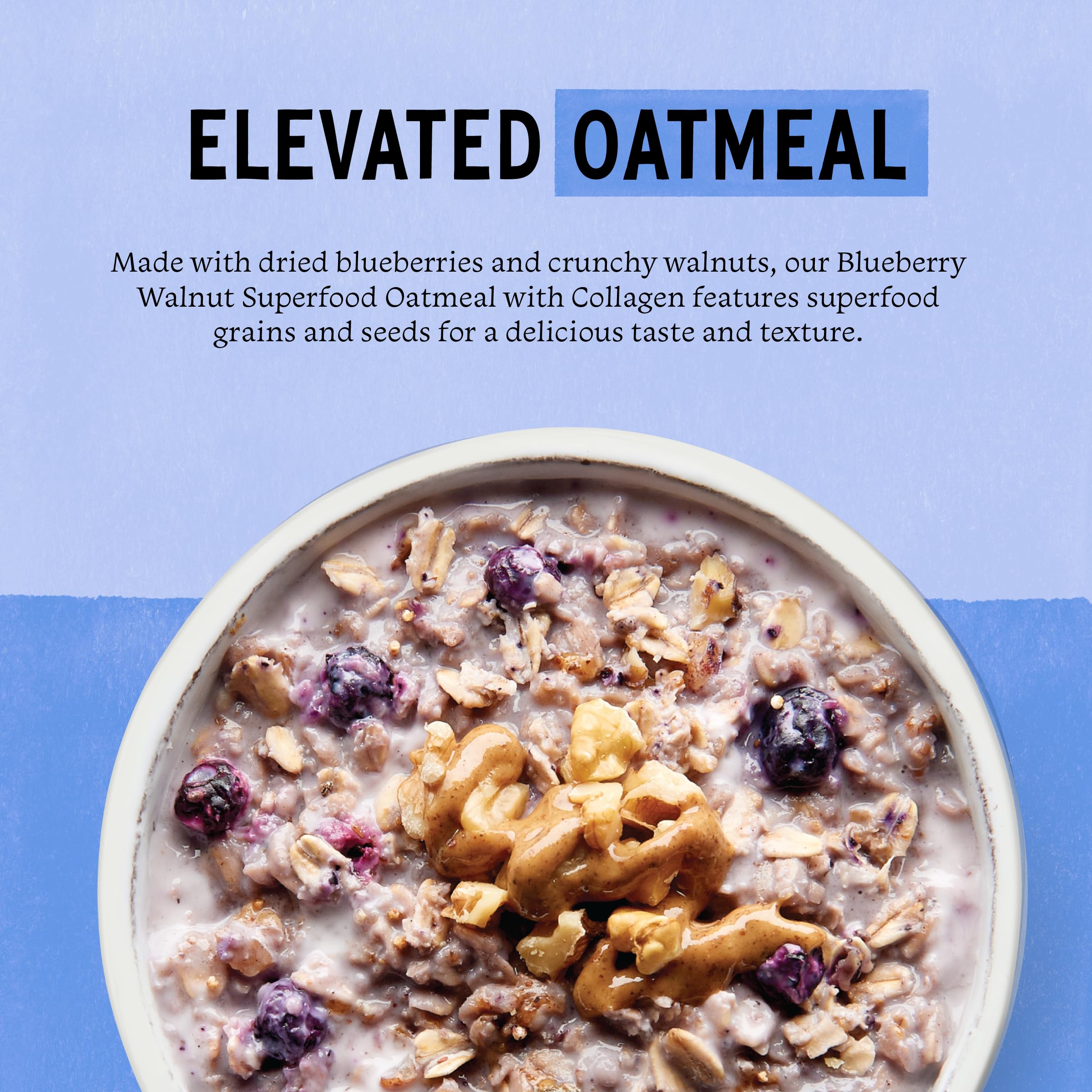 Purely Elizabeth gluten-free collagen oatmeal close-up highlighting amaranth and chia.