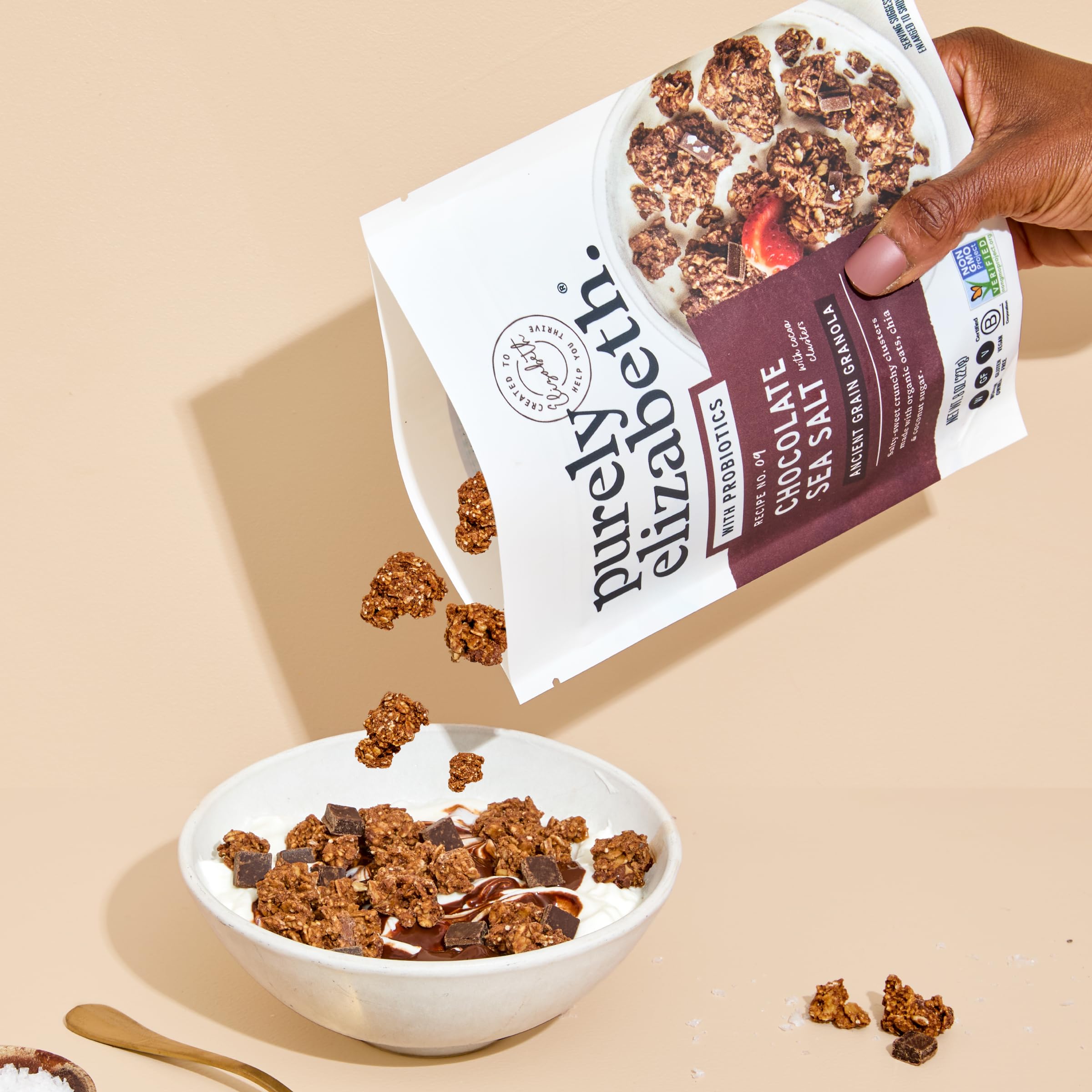 Gluten-free vegan Non-GMO Purely Elizabeth granola in a resealable pack.