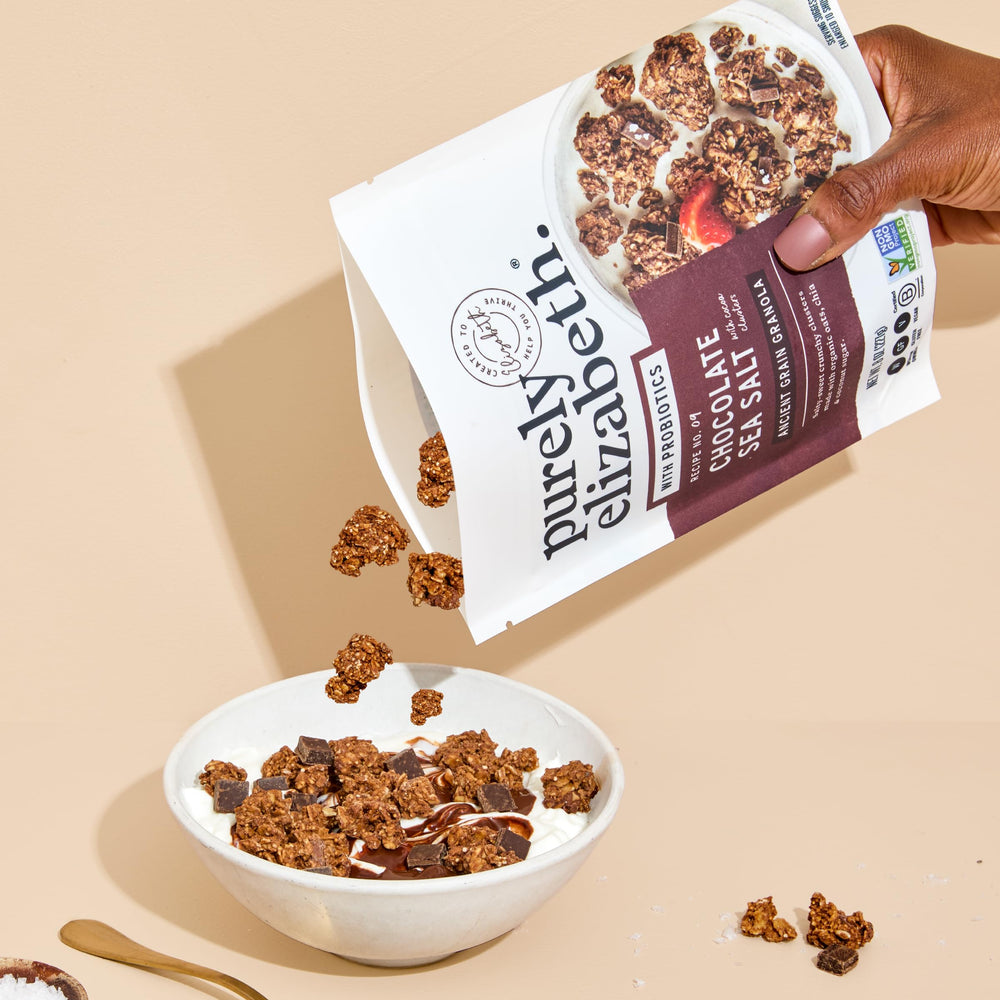 Gluten-free vegan Non-GMO Purely Elizabeth granola in a resealable pack.