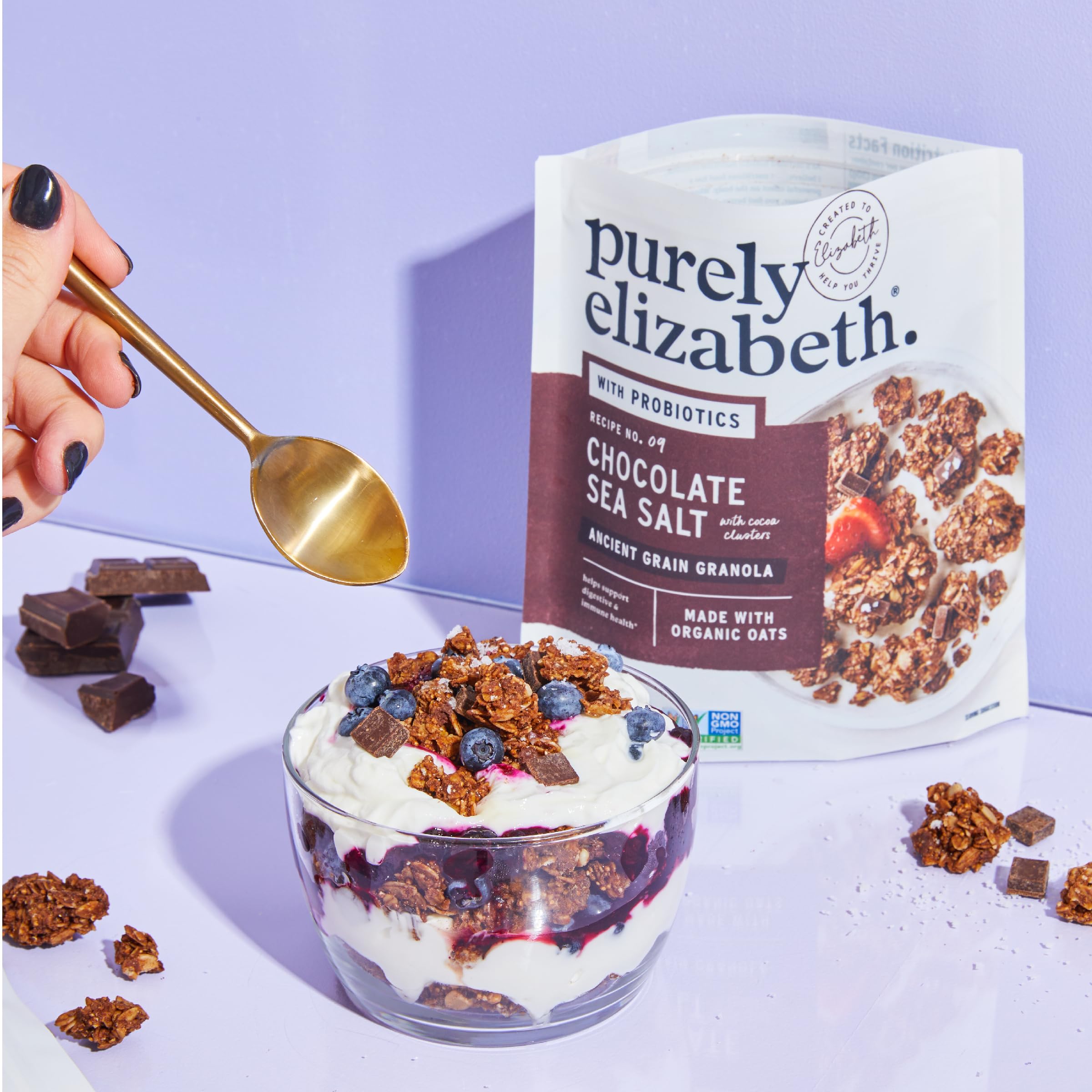 Purely Elizabeth granola in a bowl with milk, showing meal pairing option
