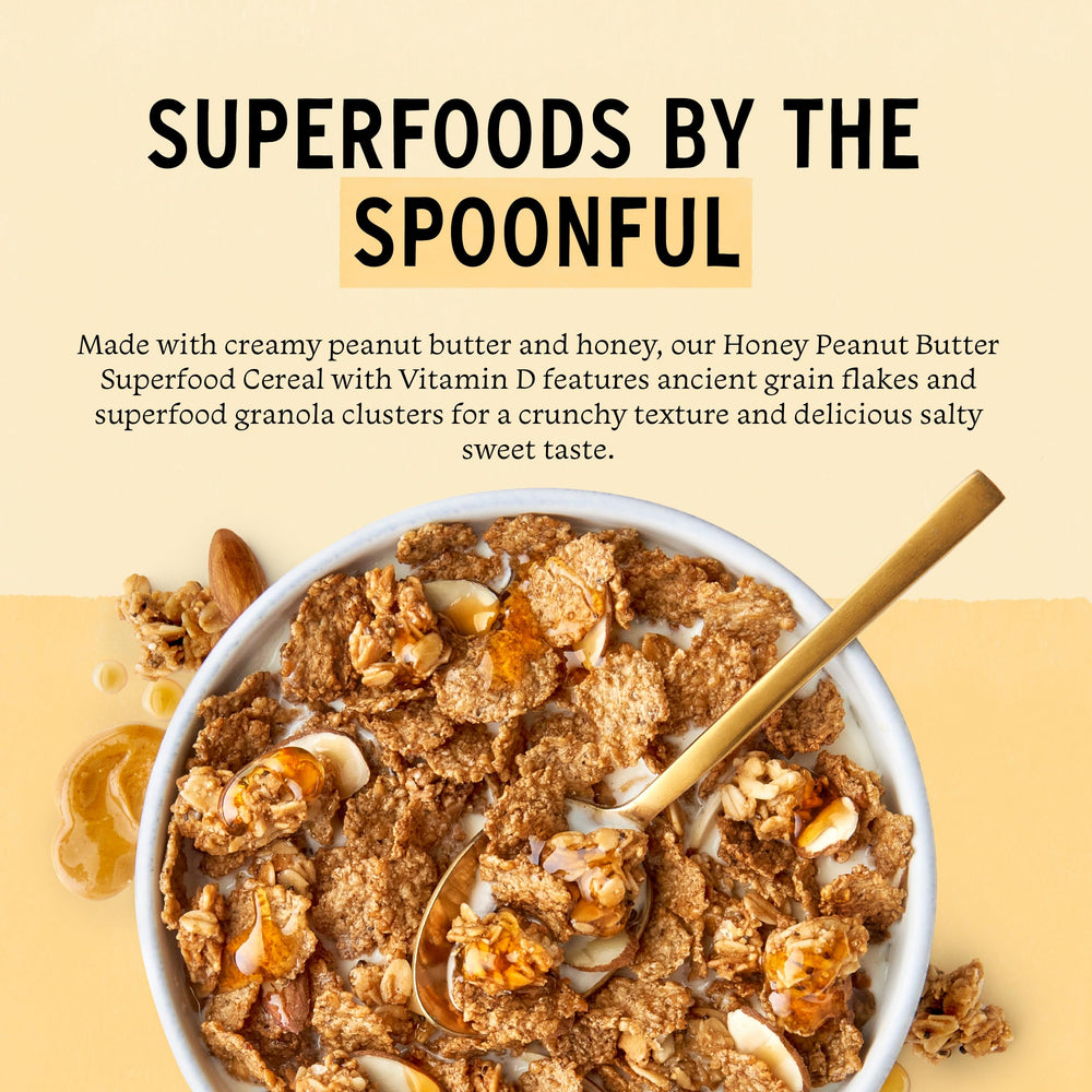 Purely Elizabeth cereal close-up of crisp flakes and superfood clusters with oats and almonds.