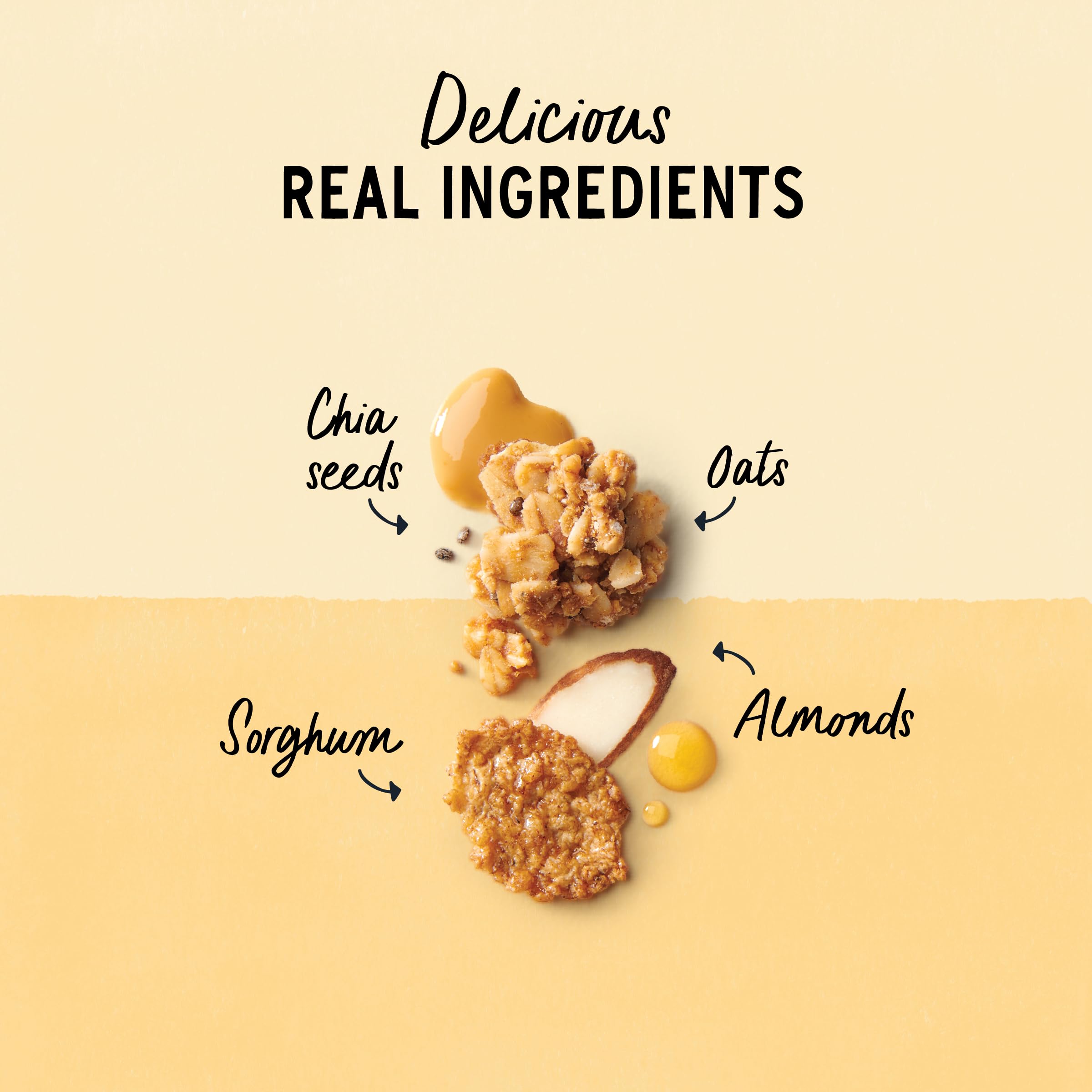 Purely Elizabeth ingredients close-up featuring almonds, oats, and coconut sugar for natural sweetness.