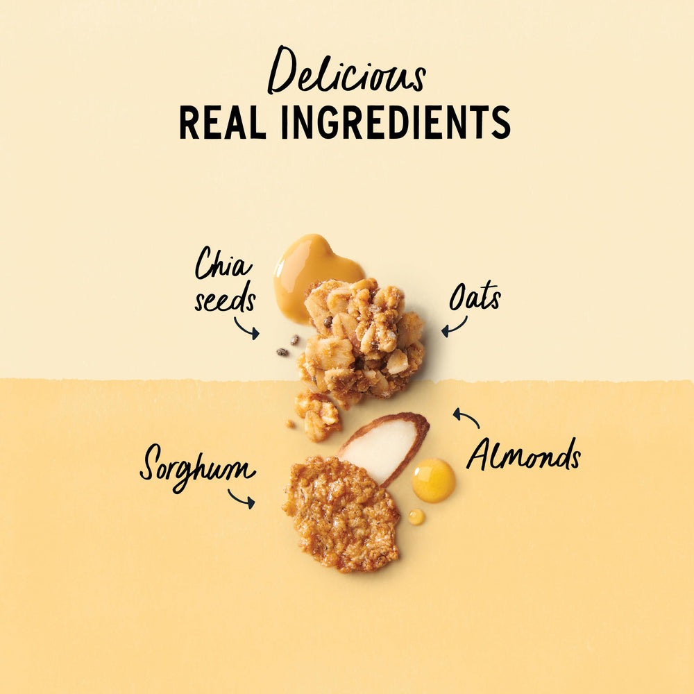 Purely Elizabeth ingredients close-up featuring almonds, oats, and coconut sugar for natural sweetness.