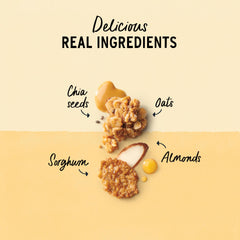 Purely Elizabeth ingredients close-up featuring almonds, oats, and coconut sugar for natural sweetness.