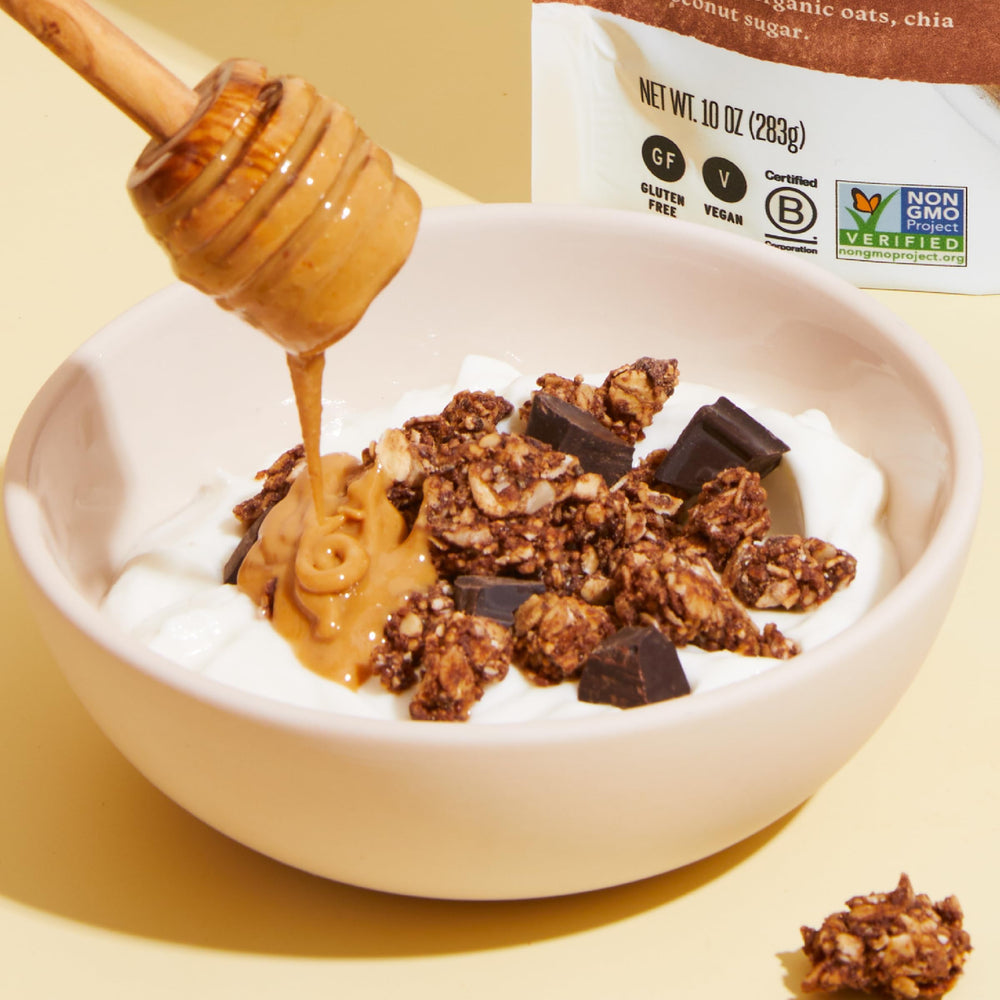 Purely Elizabeth ingredients close-up featuring oats and chia seeds for wholesome crunch