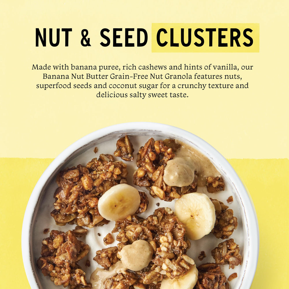 Purely Elizabeth Banana Granola texture closeup highlights grain-free, vegan delight.