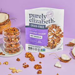 Purely Elizabeth Keto Coconut Cashew Granola bag close-up, grain-free energy booster