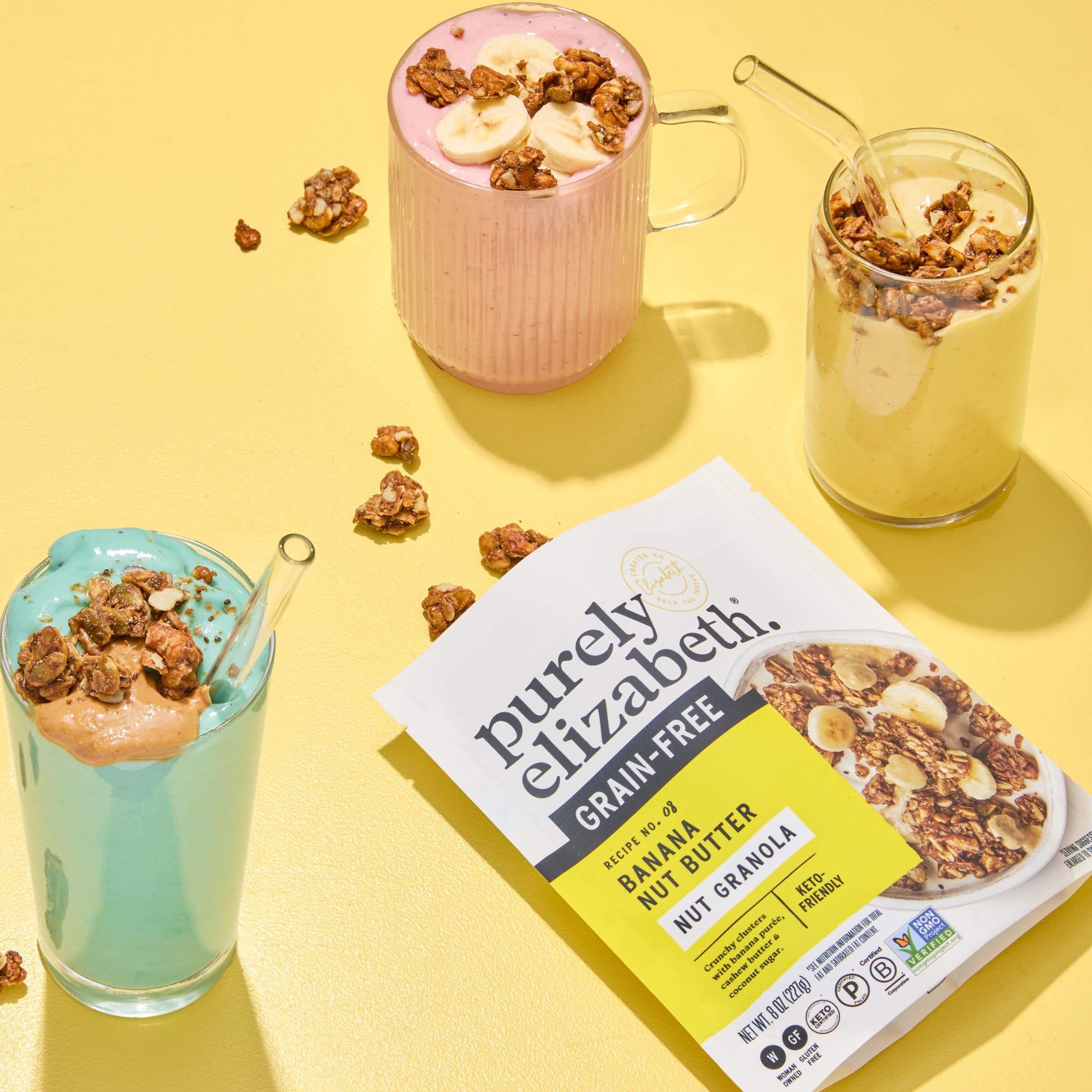 Purely Elizabeth Keto Granola front pack shot emphasizes convenient, keto-friendly snacking.