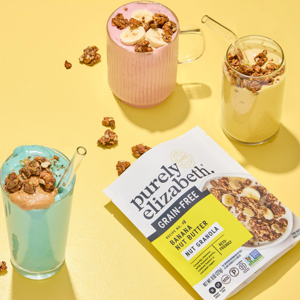Purely Elizabeth Keto Granola front pack shot emphasizes convenient, keto-friendly snacking.