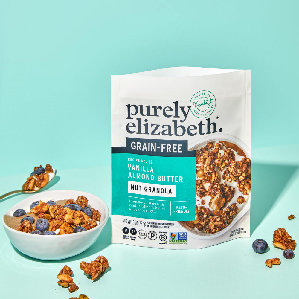 Purely Elizabeth Keto Granola ingredients close-up, chia and seeds visible