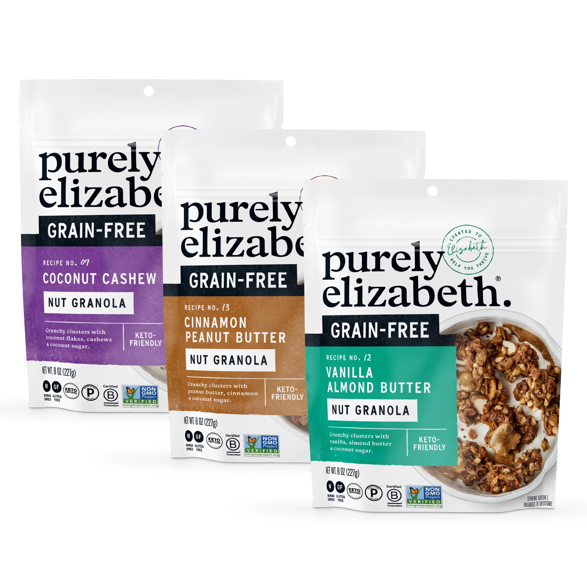 Purely Elizabeth Keto Vanilla Almond Butter Granola bag close-up, convenient snack option