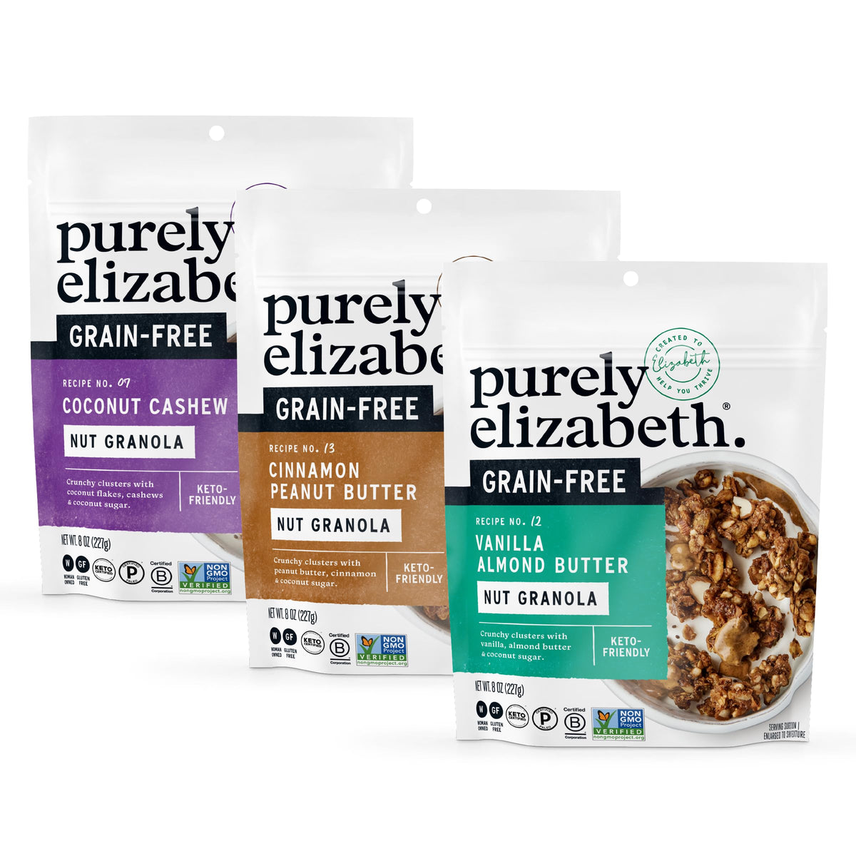 Purely Elizabeth Keto Vanilla Almond Butter Granola bag close-up, convenient snack option