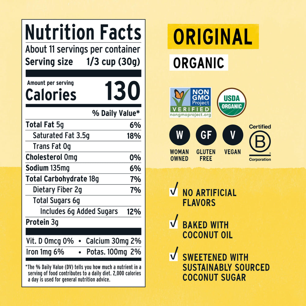 Purely Elizabeth Ancient Grain Granola ingredients close-up reveals organic grains and seeds.