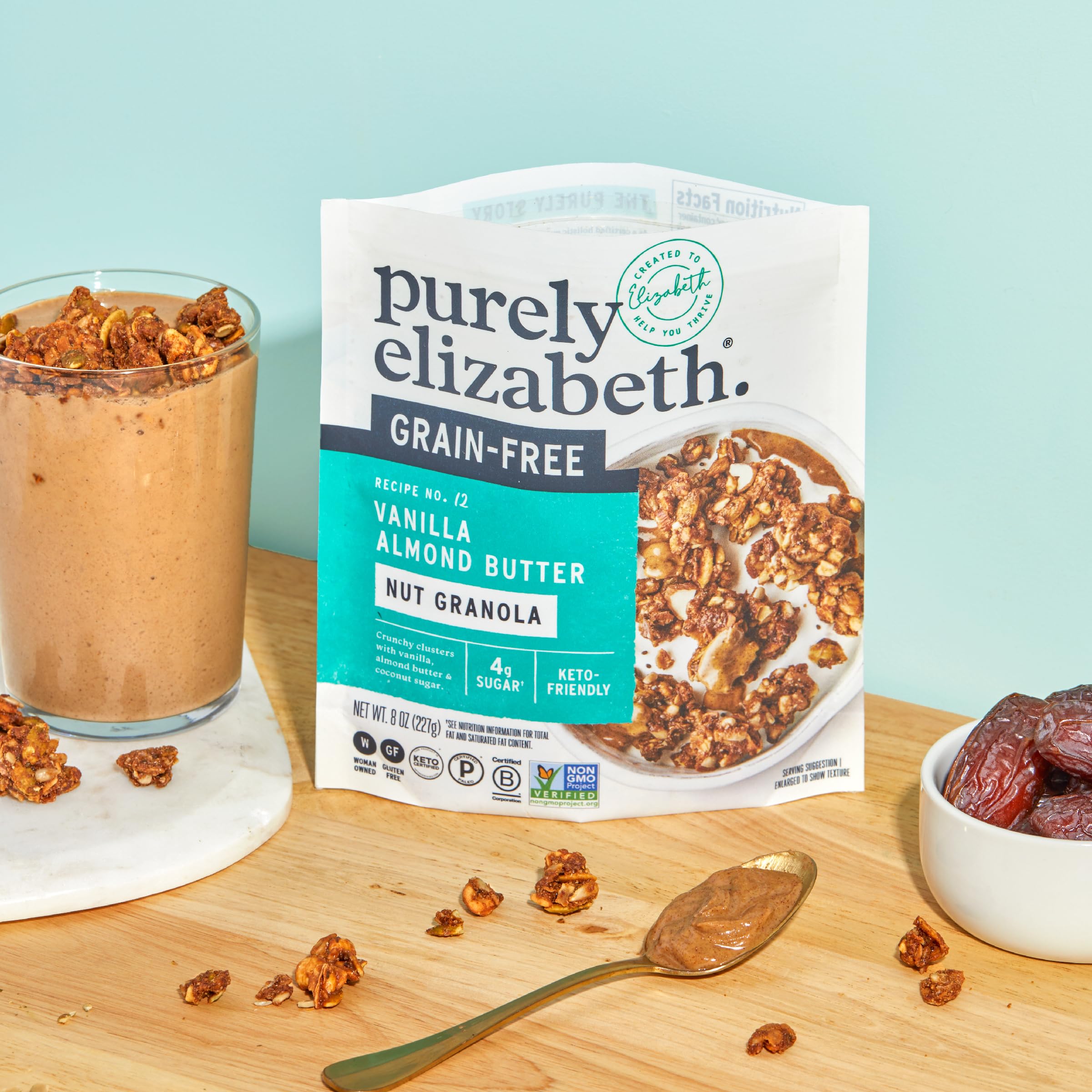 Purely Elizabeth Vanilla Almond Butter Granola on a breakfast spread for easy mornings.