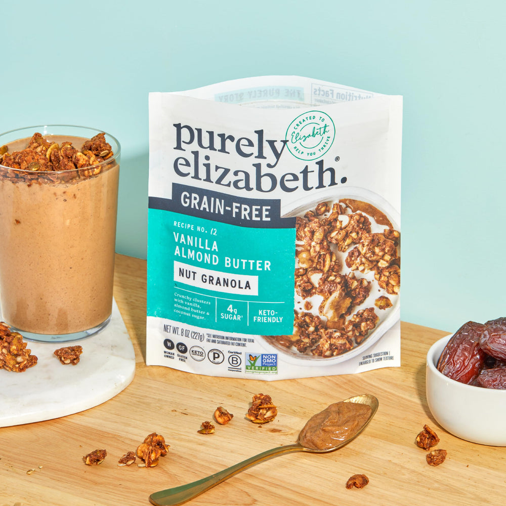 Purely Elizabeth Vanilla Almond Butter Granola on a breakfast spread for easy mornings.