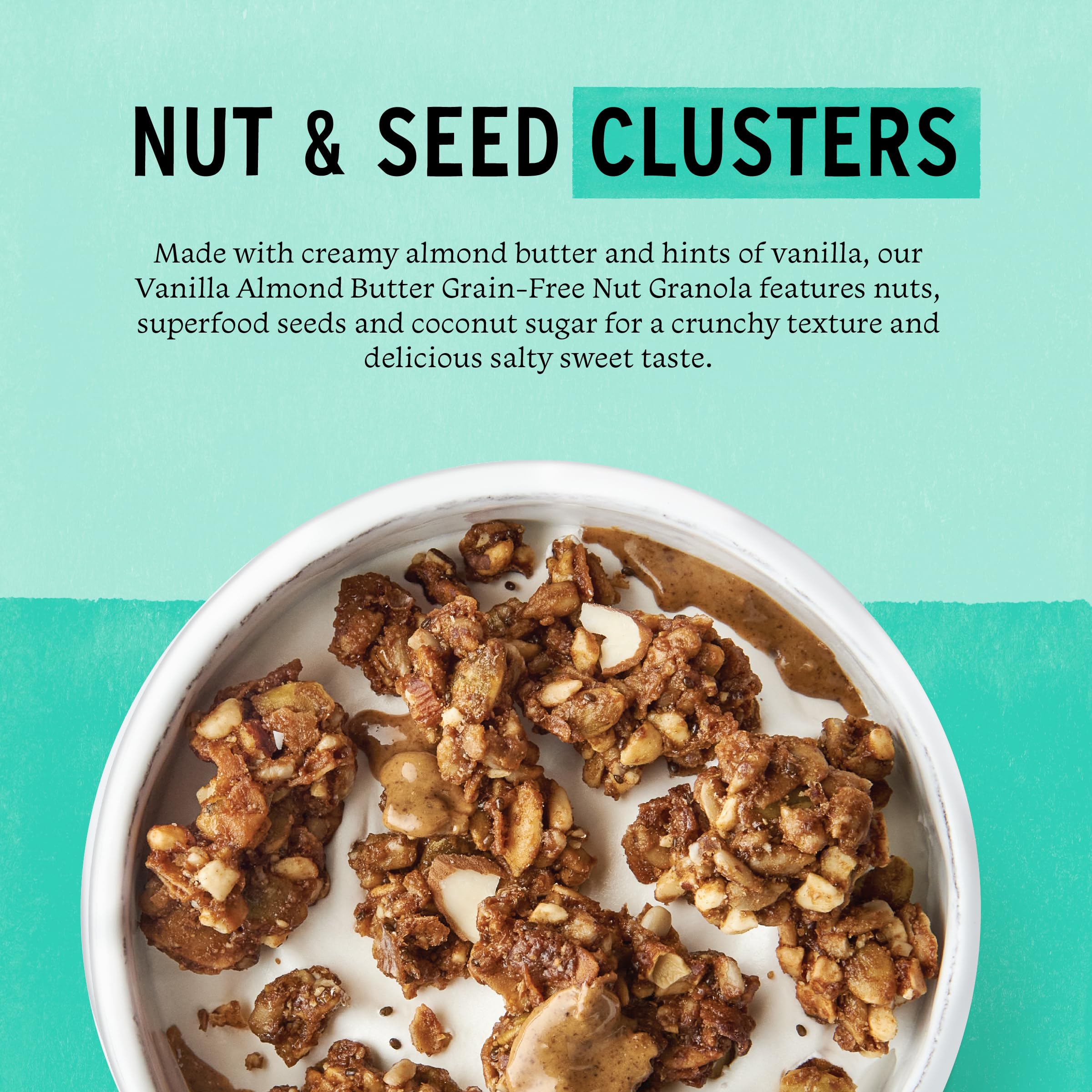 Purely Elizabeth Vanilla Almond Butter Granola ingredients highlight seeds and nuts.
