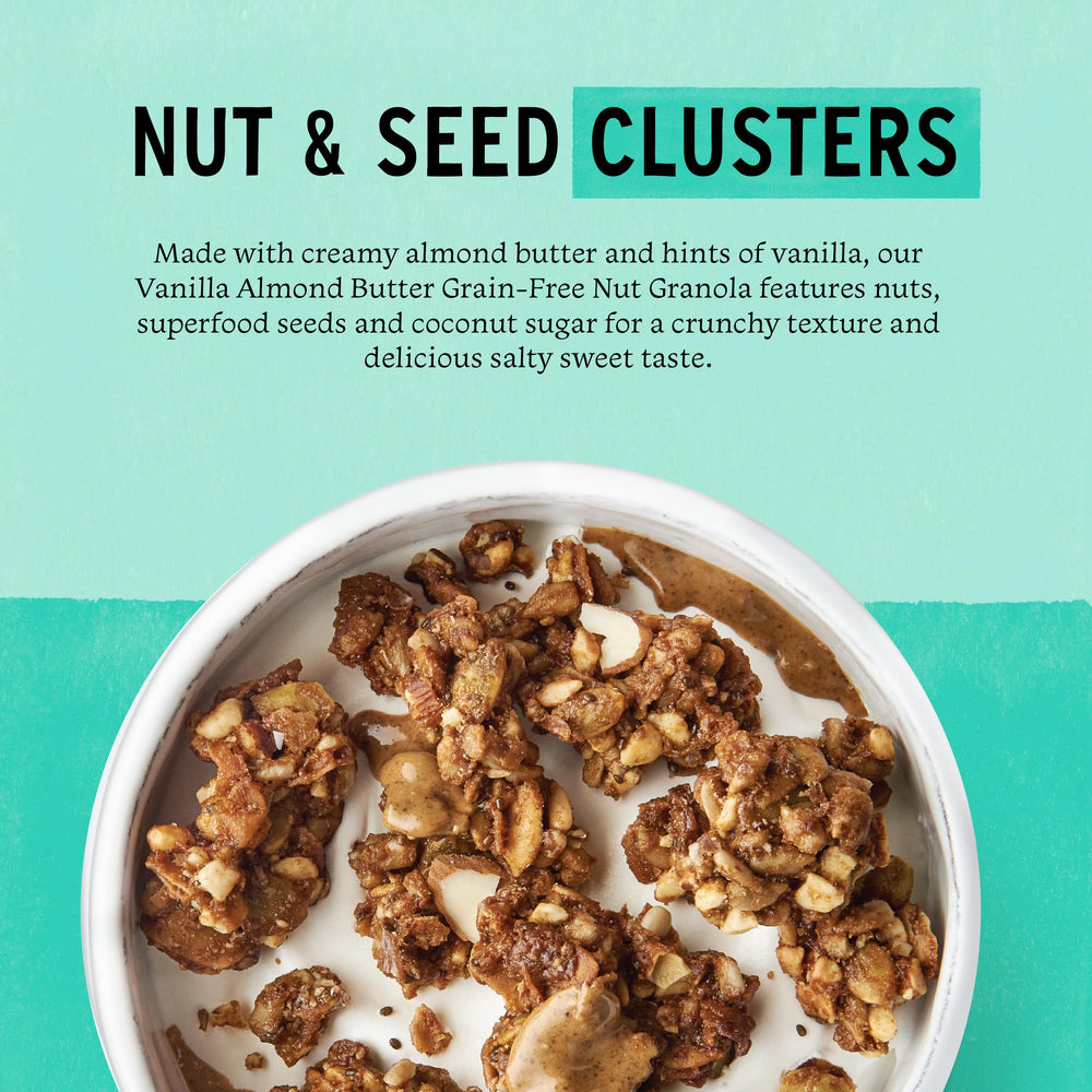 Purely Elizabeth Vanilla Almond Butter Granola ingredients highlight seeds and nuts.