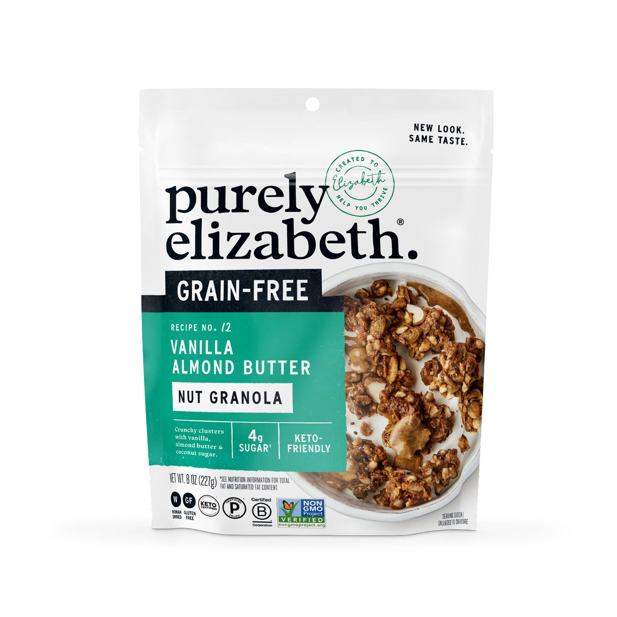 Purely Elizabeth Vanilla Almond Butter Granola packaging displays grain-free ingredients for convenient mornings.