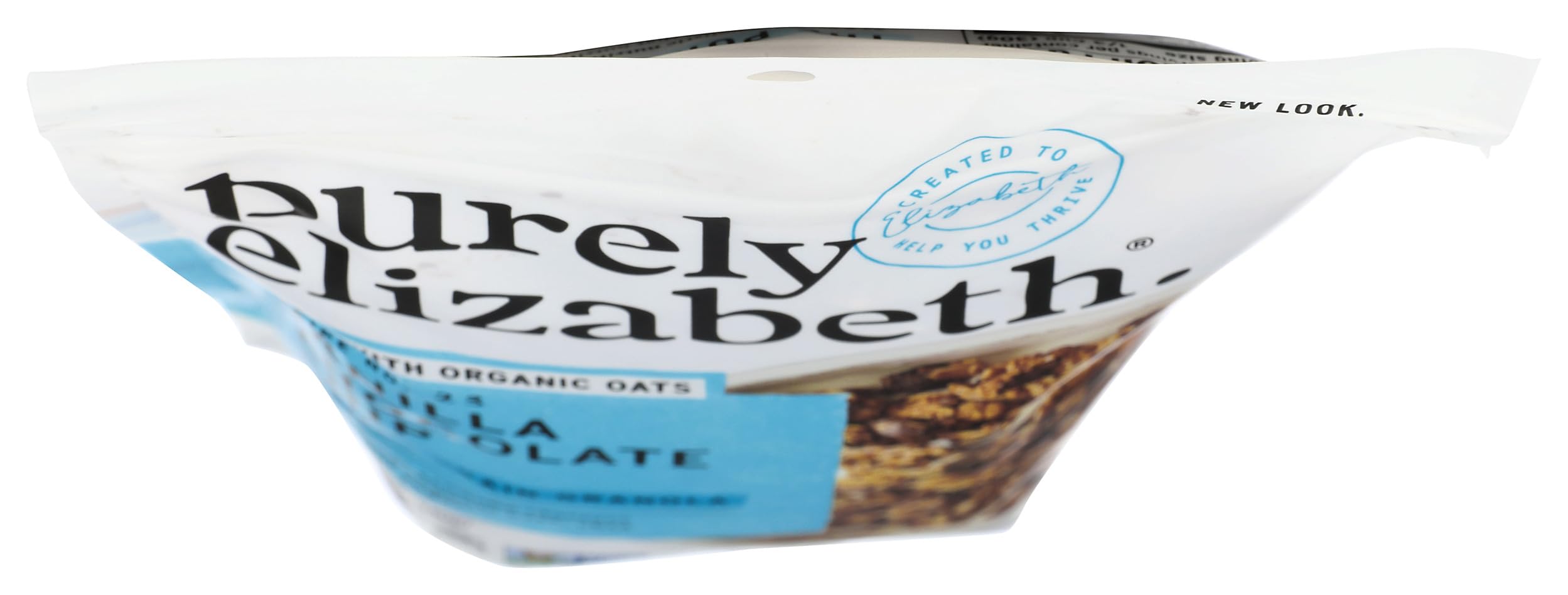Glass jar of Purely Elizabeth granola on a kitchen counter as a pantry staple