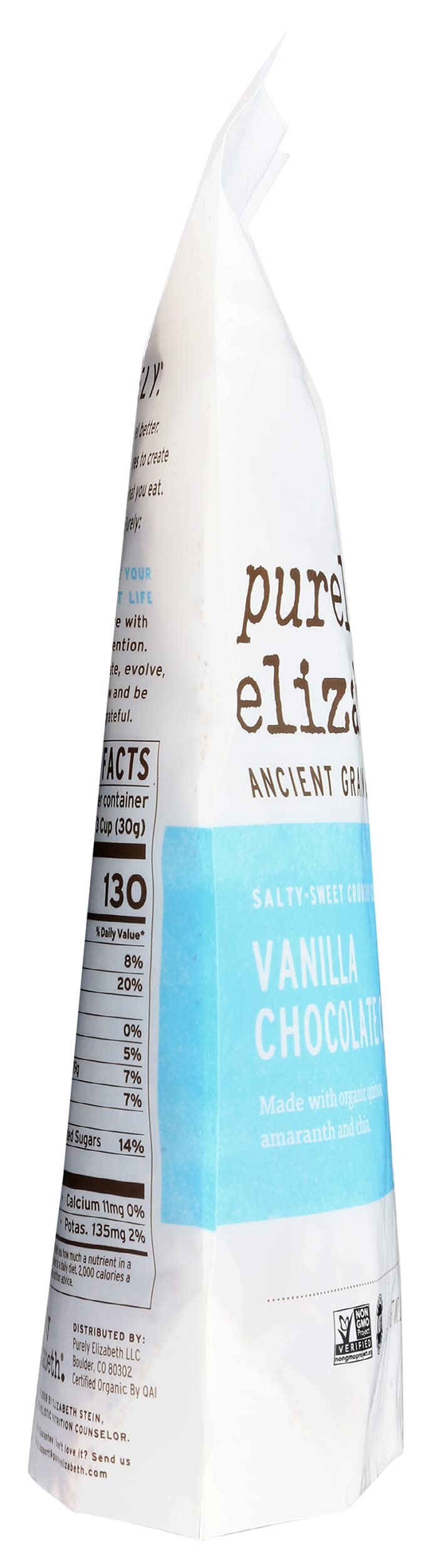 Close-up of oats, coconut sugar, and fair trade chocolate chunks in Purely Elizabeth granola for balanced sweetness