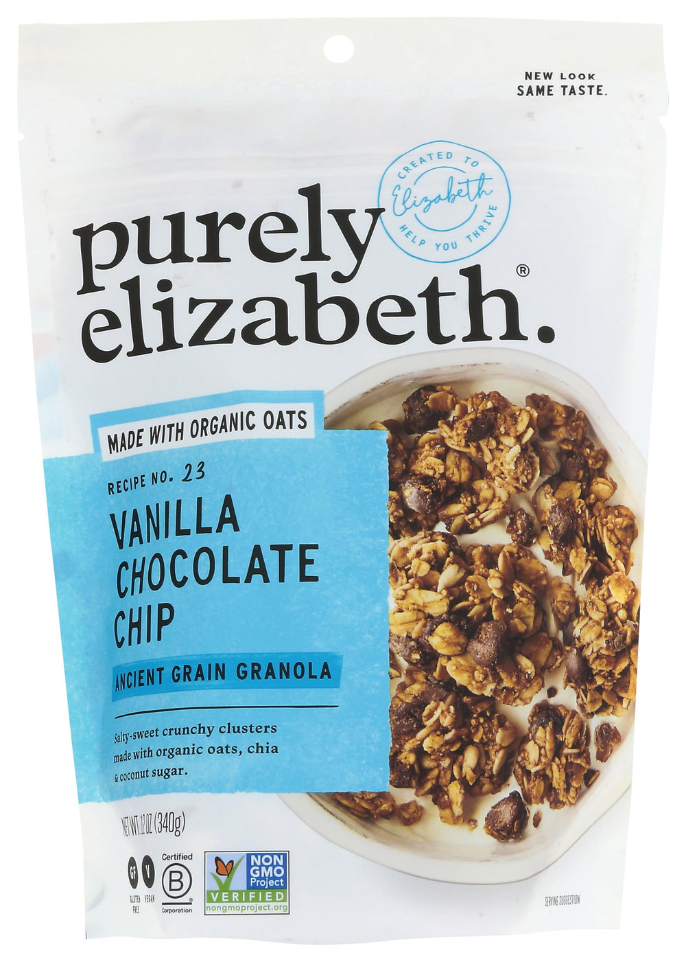 Purely Elizabeth Vanilla Chocolate Chip Ancient Grain Granola pack highlighting gluten free oats for quick breakfasts