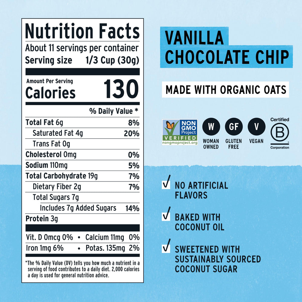 Close-up of Purely Elizabeth Vanilla Chocolate Chip Granola bag with chocolate chips