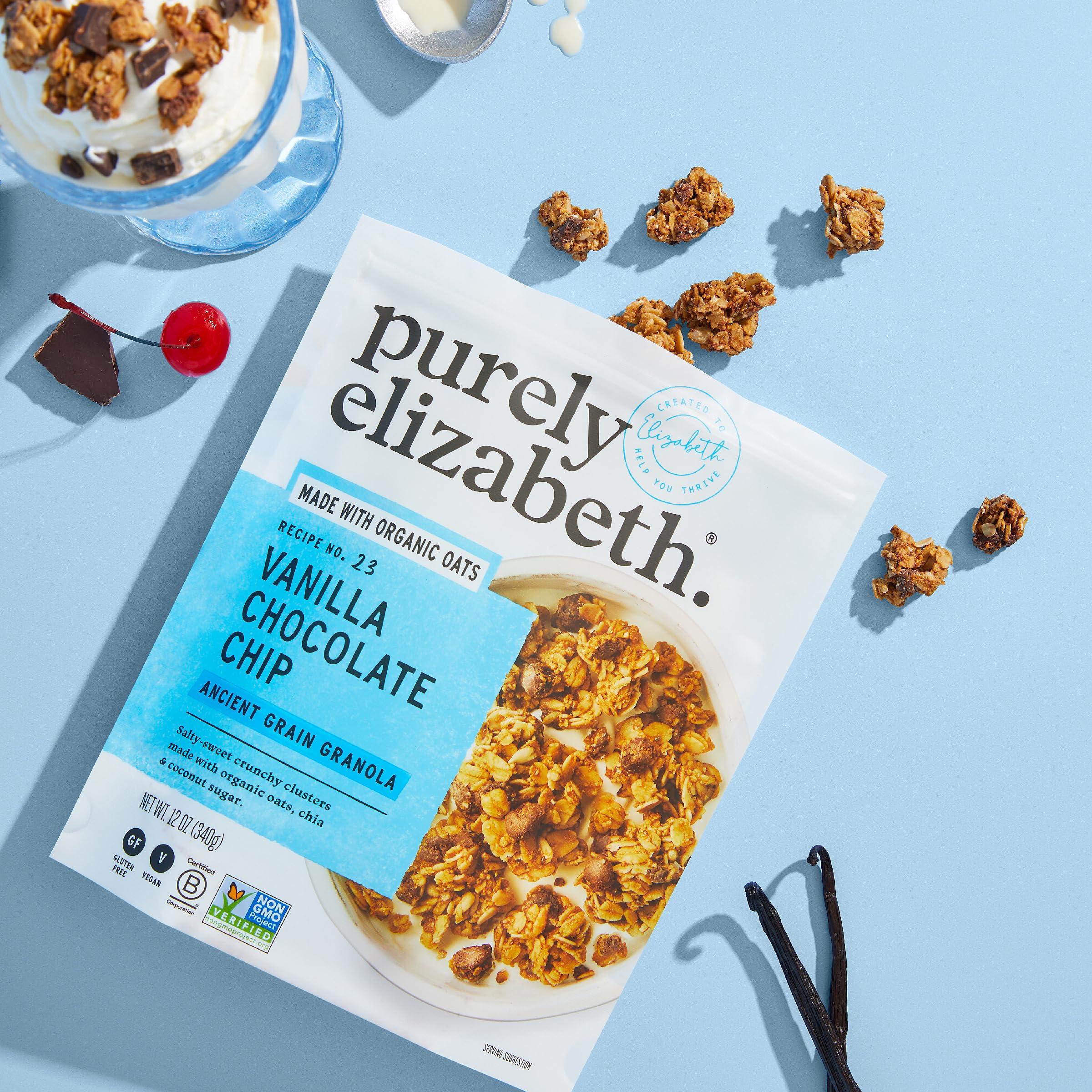 Purely Elizabeth Vanilla Chocolate Chip Granola snack plate ready for snacking