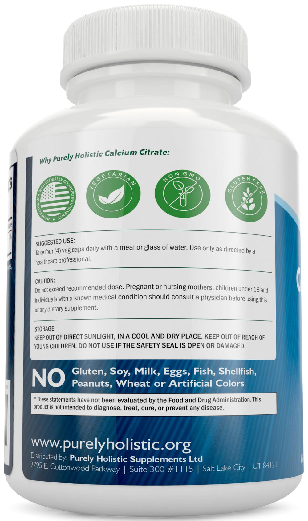 Purely Holistic Calcium Citrate 1000mg capsules provide gentle digestion and high absorption.