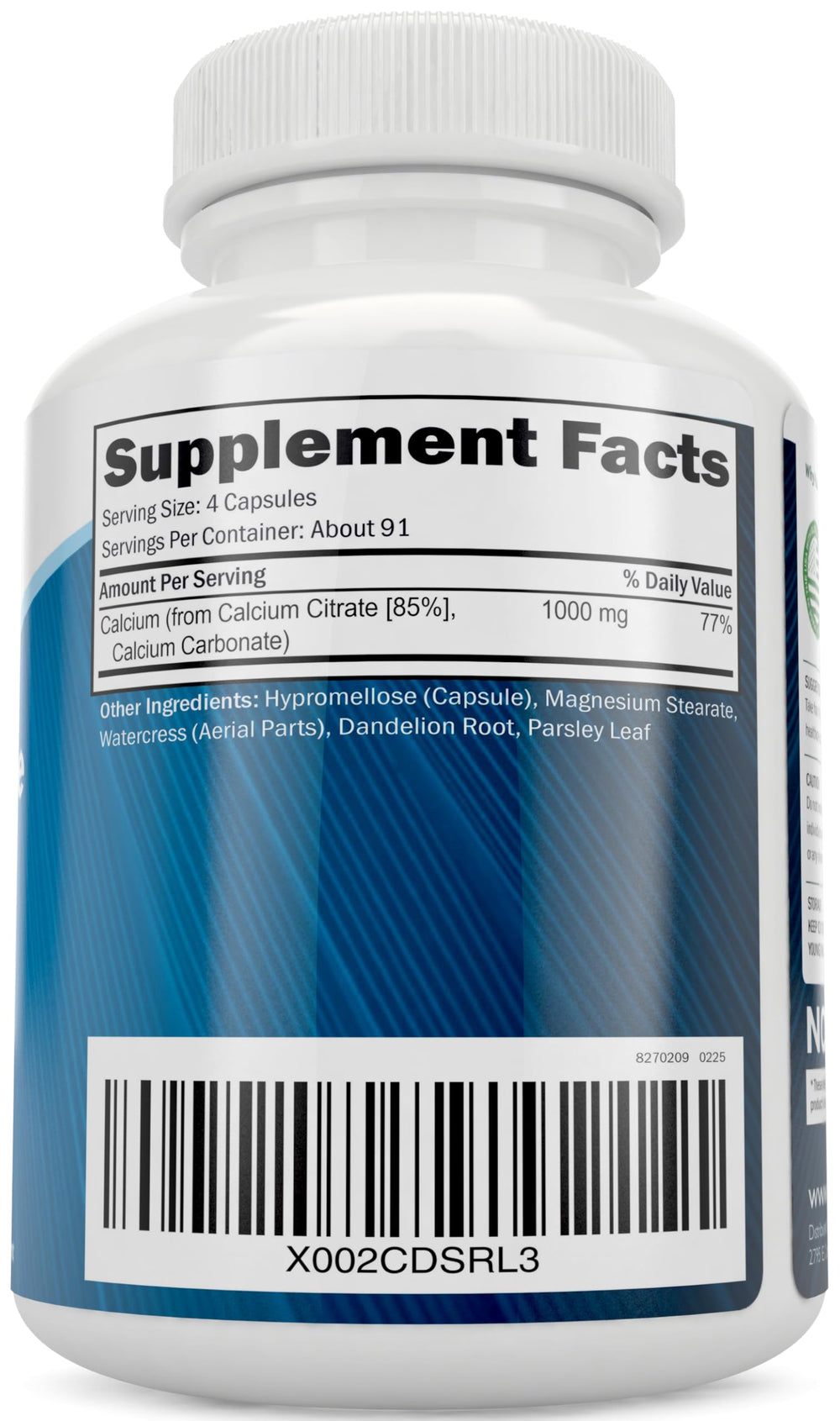 Purely Holistic Calcium Citrate 1000mg label highlights vegan and non-GMO features.