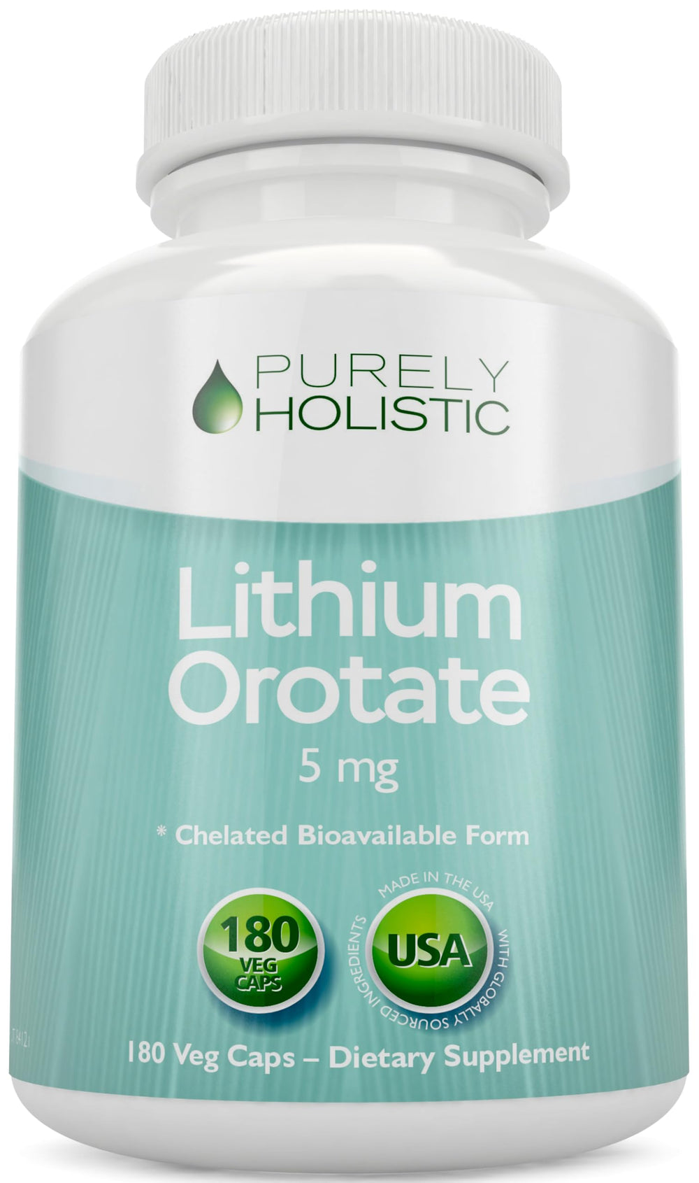 Purely Holistic Lithium Orotate 5mg bottle with 180 vegan capsules for daily mood support.