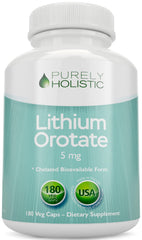 Purely Holistic Lithium Orotate 5mg bottle with 180 vegan capsules for daily mood support.