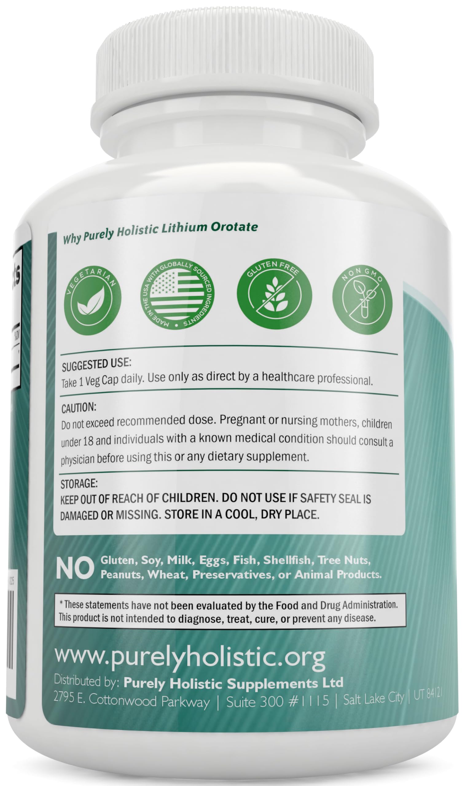 Purely Holistic Lithium Orotate bottle with lab-tested seal for purity.