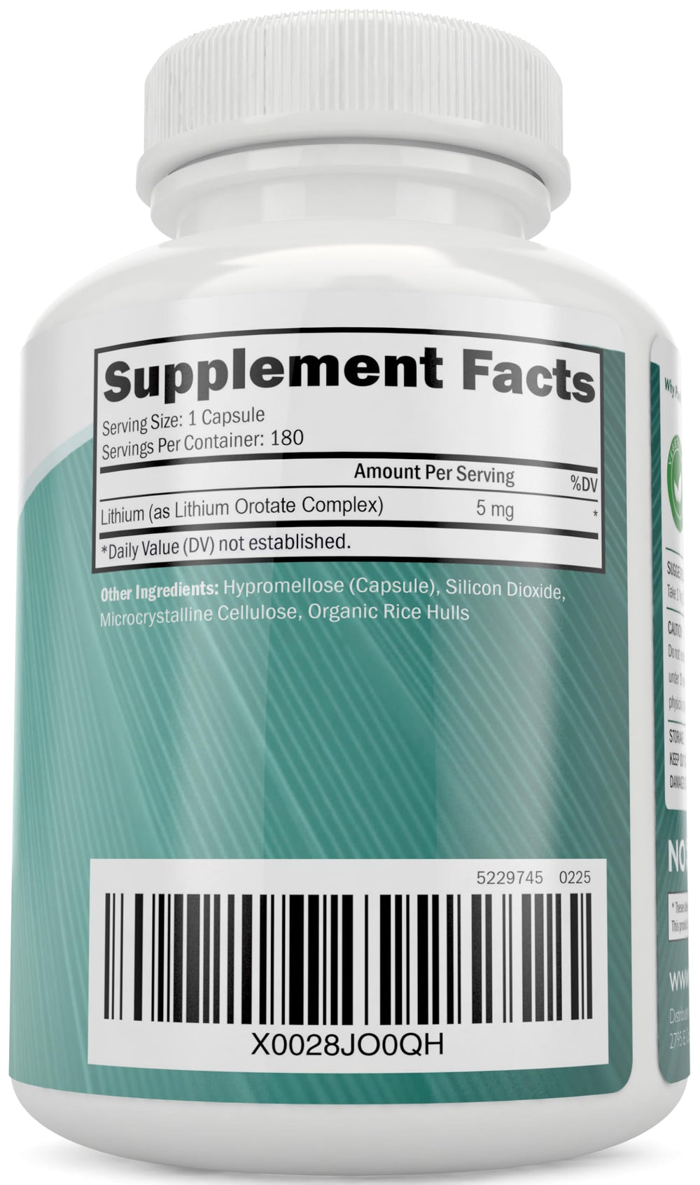 Purely Holistic Lithium Orotate 5mg label showing allergen-free and ingredient information.