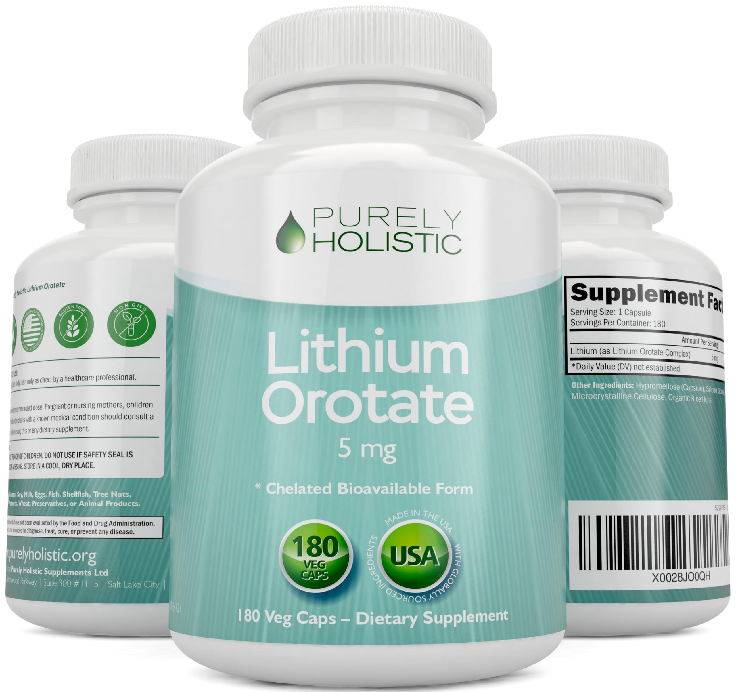 Purely Holistic lithium-ootate bottle emphasizing non-GMO and allergen-free ingredients.