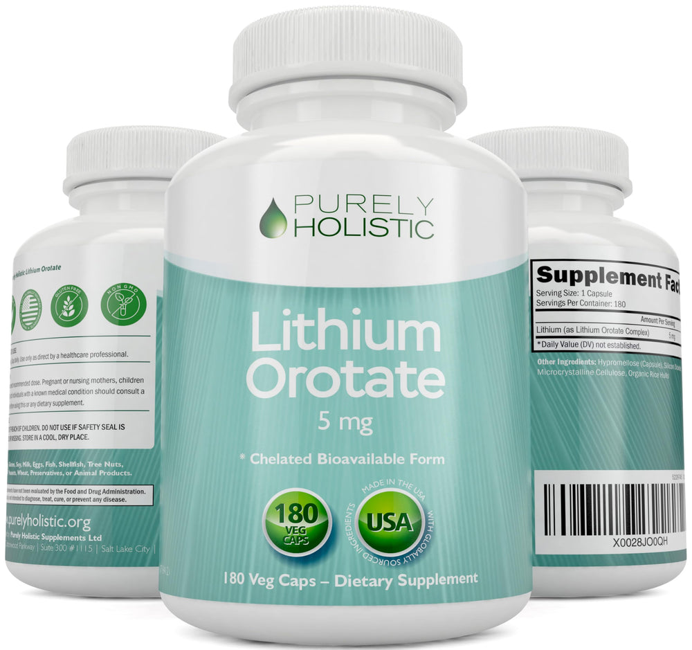 Purely Holistic lithium-ootate bottle emphasizing non-GMO and allergen-free ingredients.