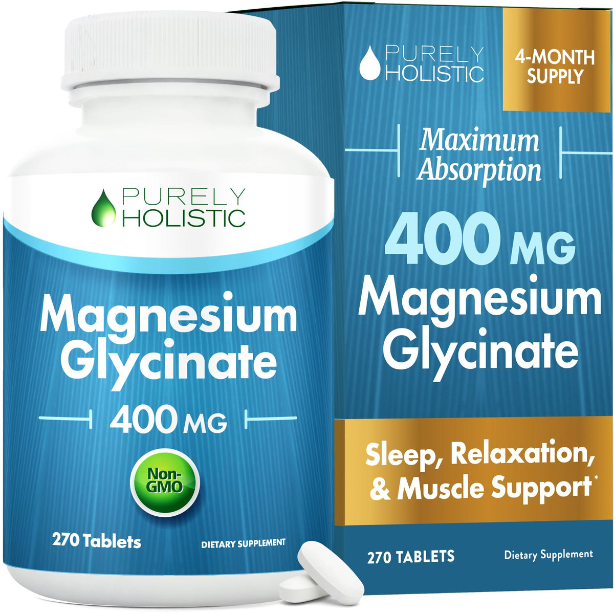 Purely Holistic Magnesium Glycinate 400mg bottle front, showcasing high-strength support for daily relaxation.