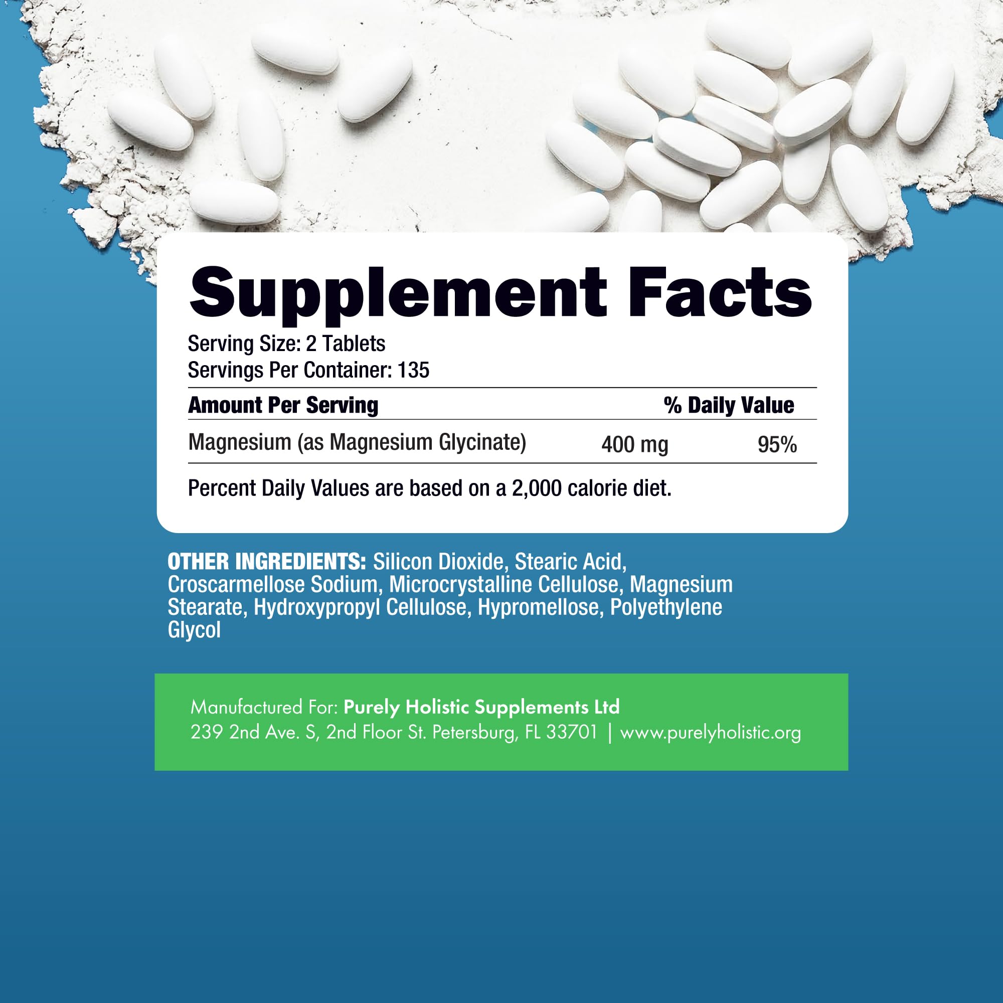 Purely Holistic magnesium glycinate compact packaging emphasizes convenience.