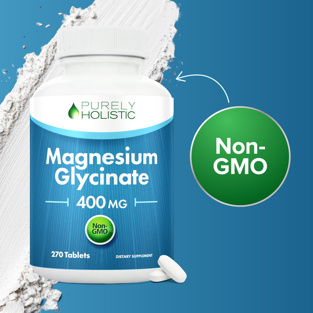 Purely Holistic magnesium glycinate side-view bottle reveals small, easy-to-swallow tablets.