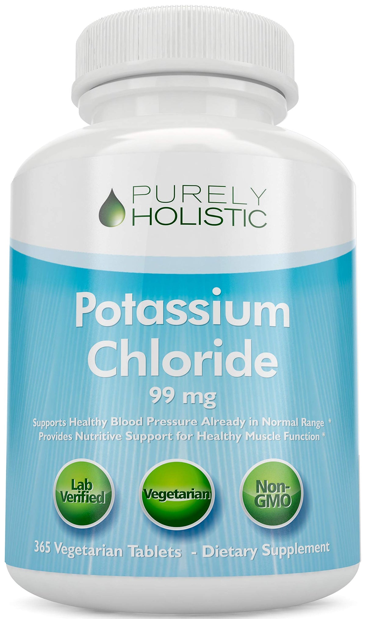 Purely Holistic Potassium Chloride tablets in bottle front offering daily electrolyte support.