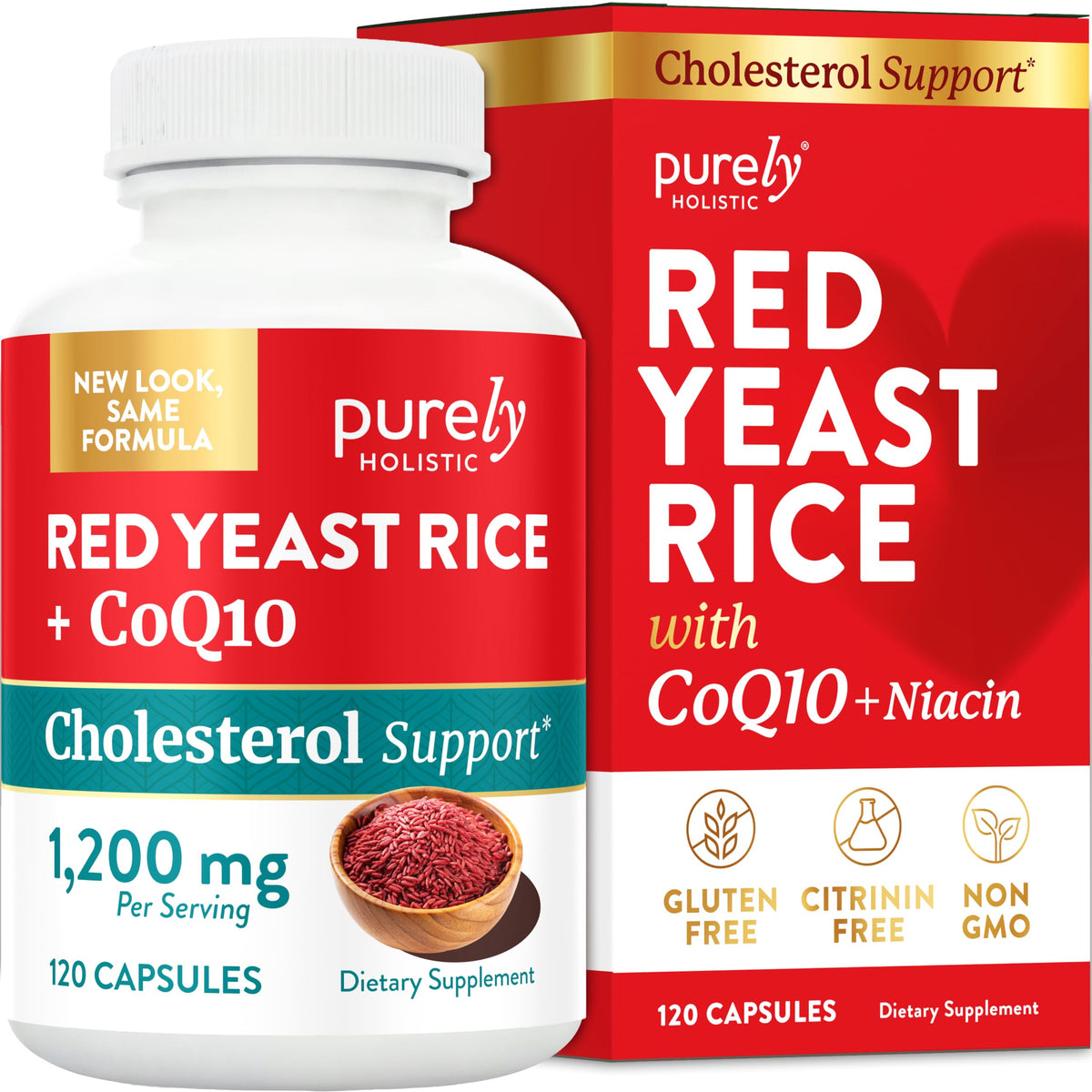 Purely Holistic Red Yeast Rice bottle shows high-strength cholesterol support