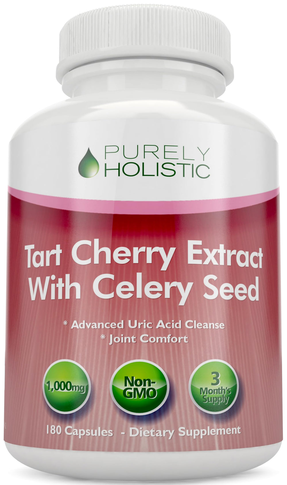 Purely Holistic Tart Cherry Extract capsules bottle showing 180-count, 1000 mg for daily support.